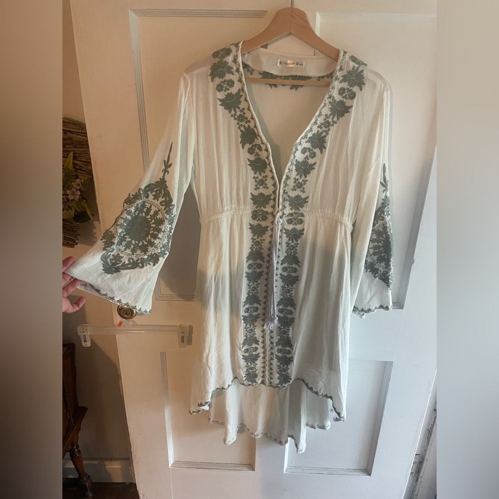 Embroidered White and Green Women's Top